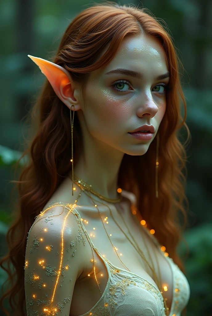 Create a highly detailed, semi-realistic portrait of a female character with the following features:

	•	Skin Tone: Light olive complexion with iridescent patches that shimmer under certain angles, creating a pearlescent effect. The iridescence should be particularly noticeable on her cheekbones and forearms.
	•	Hair: Long, wavy brown hair with bio-synthetic strands that glow faintly in low light. The hair should shift colors between auburn and gold. The strands should have the ability to change texture, becoming stiffer when needed.
	•	Eyes: Bright green eyes with an additional reflective layer, giving them a luminous quality, especially at night. The pupils should be slightly larger than a human’s, and the sclera should have a faint greenish tint that blends with her irises.
	•	Facial Features: A slightly elongated face with delicate, ethereal features. Her ears should be slightly pointed, adorned with subtle, retractable bioluminescent patterns that glow softly. Her nose should be streamlined, with a faint glow along its ridge.
	•	Body Type: A curvy, streamlined, and graceful build, with prominent hips and bust. Her fingers and toes should have subtle webbing, indicating an aquatic adaptation. Her skin should have faint bioluminescent lines that trace along her spine and ribs.
	•	Clothing: If applicable, dress her in a bio-engineered suit that mimics the texture of plant leaves, with shifting green and iridescent patterns that match her skin.

The overall image should emphasize her ethereal, slightly otherworldly appearance, blending human and advanced evolutionary traits.