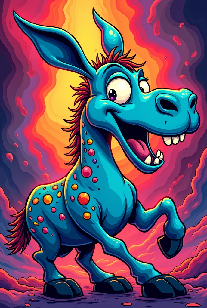 Create a psychedelic, cartoon-style mule with exaggerated features, vibrant colors, and swirling patterns. The mule should have a dynamic, energetic expression, similar to the style of a comic book or graffiti art. It should incorporate elements like bright, neon colors, and abstract shapes to give it a surreal, eye-catching appearance.