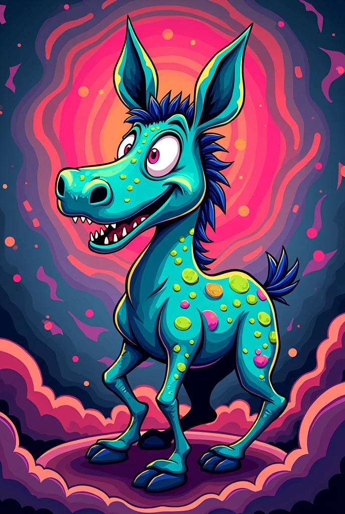 Create a psychedelic, cartoon-style mule with exaggerated features, vibrant colors, and swirling patterns. The mule should have a dynamic, energetic expression, similar to the style of a comic book or graffiti art. It should incorporate elements like bright, neon colors, and abstract shapes to give it a surreal, eye-catching appearance.