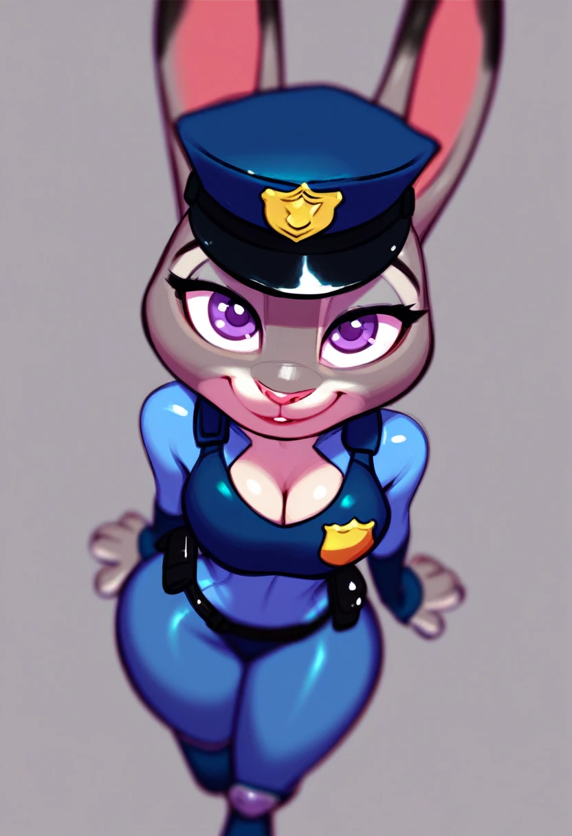 score_9, score_7_up, 1girl, solo, (judy hopps):0.8, furry, leotard, cleavage, wide hips, presenting, grey background, depth of field, thighs, police hat, looking at viewer, from above