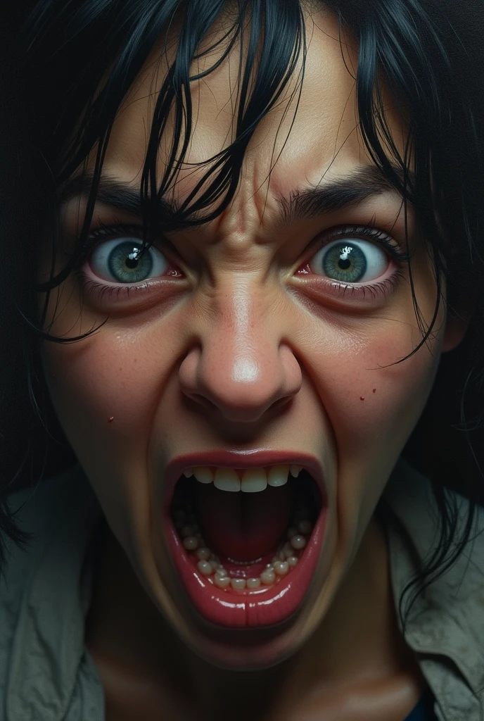Create an image of The painting is completely centered on the narrator&#39;s face. The details are very close, capturing every nuance of her expression. The image shows the narrator with a frantic look, Large, bulging eyes reflecting palpable anguish. His pupils are dilated, and his eyebrows are raised in a grimace of despair. -
