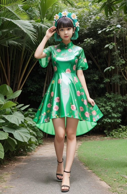 Auralune Merged with a giant flower Rubber Dress green Full body floral pattern costume 光沢のRubber Dress Slime