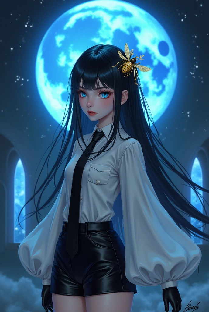 Godmother Girl with long black hair and blue eyes, with a white blouse with large sleeves with a black tie with black gloves with black leather shorts with a bee accessory in the hair Background a blue full moon on the black background with several portals
