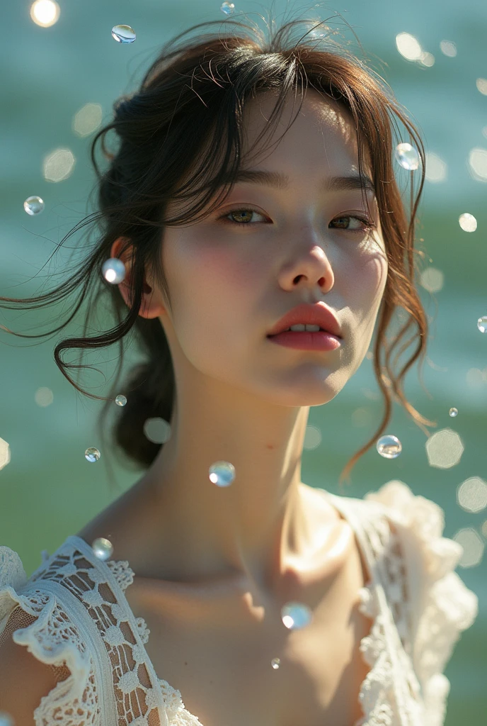 best quality, 4k, highres, masterpiece, ultra-detailed, realistic, woman in white lace dress, fragments broken glass floating in air, bright sun colors, shallow depth of field, soft atmospheric scenes, powerful portraits, perfect anatomy, best quality, highres, realistic photo, professional photography, cinematic angle, dynamic, light shining,