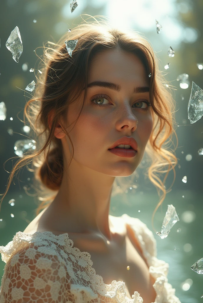best quality, 4k, highres, masterpiece, ultra-detailed, realistic, woman in white lace dress, fragments broken glass floating in air, bright sun colors, shallow depth of field, soft atmospheric scenes, powerful portraits, perfect anatomy, best quality, highres, realistic photo, professional photography, cinematic angle, dynamic, light shining,