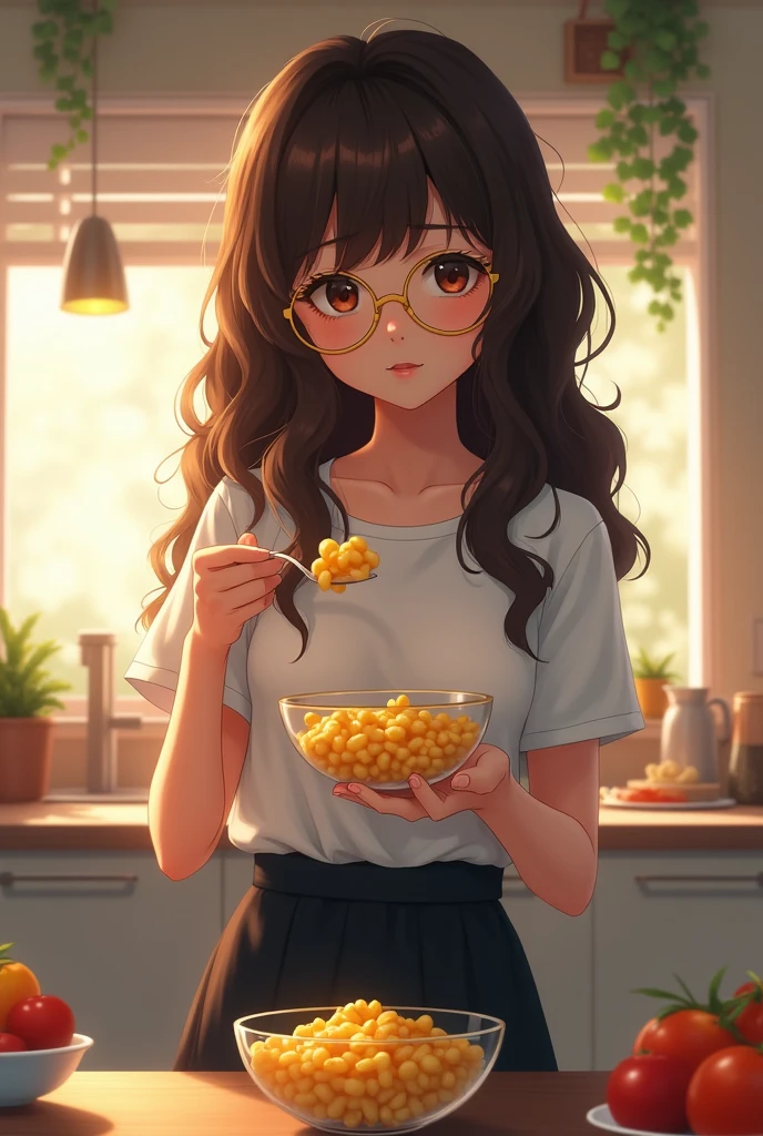 (realism) A brown-eyed girl, with dark brown hair, very long and curly, con cat eye glasses color dorado, wearing a white short sleeve top and a black skirt that is a little below the knees while standing in the kitchen and eating macaroni and cheese from a clear bowl