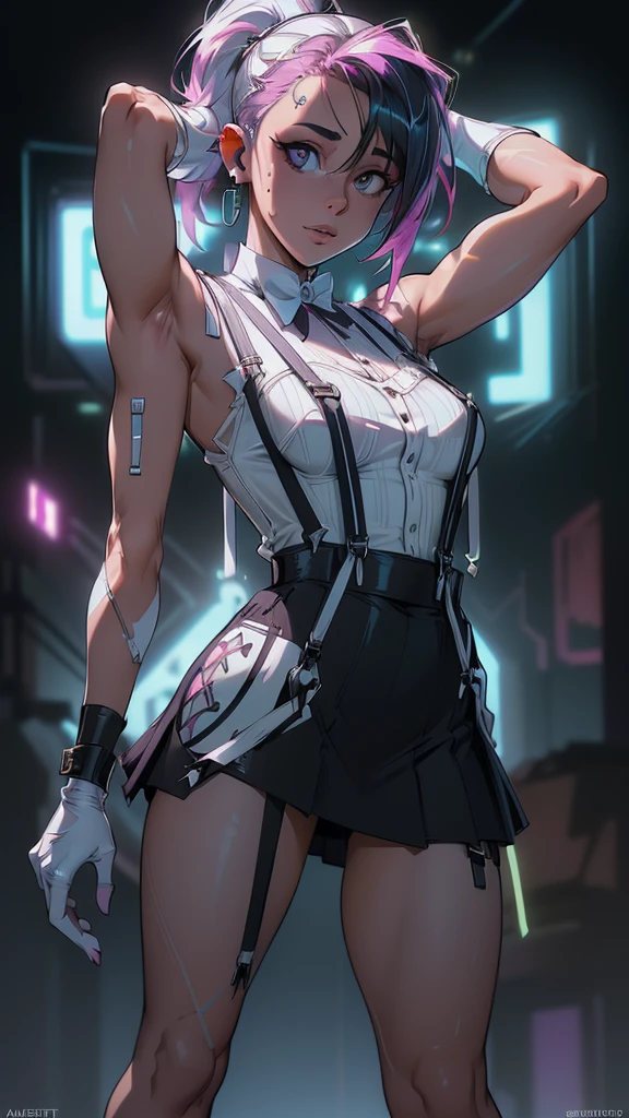 (La mejor calidad,A high resolution,Ultra - detallado,actual),Ariana Grande, neon hair, White vest,(Black Suspenders:1.4) ,(Show your armpits white :1.4) ,Arms in the head,breast,earrings,肘Gloves,Elbow pads,Gloves,jewelry,big breast,Upper Body,skirt,solo,(Suspenders Skirt white :1.4) ,Suspenders,Vest,Tight clothing,tifa lockhart, ,(Fondo de ruinas de mazmorra en ruinas cyberpunk :1.4 ), (Ariana Grande :1.4), (dynamic cowboy pose), (perfect anatomy :1.4),( cinematic lighting :1.4), score_9, score_8_up, score_7_up, score_6_up,(Gelcoat transparente neón | Clear glass resin doll:1.4), (Transparent material style plastic neón :1.4), (Gelcoat transparente de resina de vidrio transparente:1.4), (no mutaciones), ,( ciberpunk 2.1)