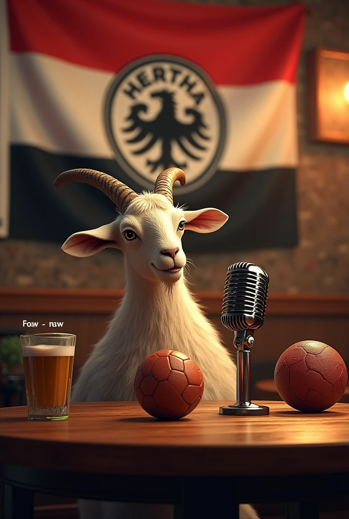 A table in a pub with a microphone, a football and a little goat on the table. With a flag that says Hertha on it. The goat has a sound that says Cologne on it