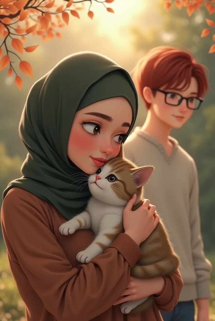 Une jeune fille de 20 ans, elle porte un hidjab, tête ovale, elle prend un petit chat dans ses bras, elle regarde de loin son amoureux au cheveux roux coiffure simple et porte des lunettes carrées