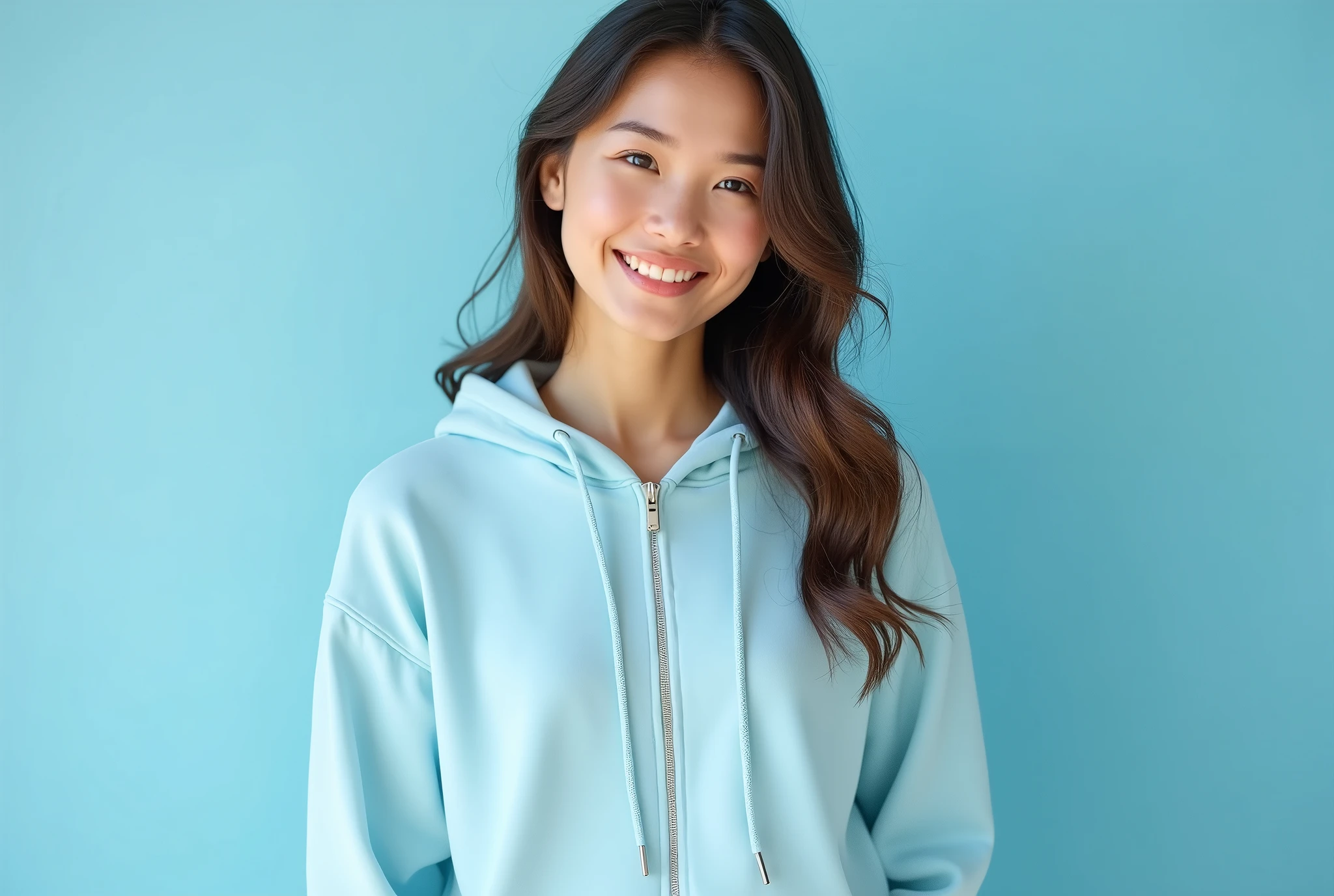 beautiful young woman hoodie mockup cropped hoodie mockup with zipper light blue background . Use Canon EOS 5D Mark IV with 24-70mm f/2.8 lens. Settings: ISO 100, f/8 aperture, and 1/125s shutter speed to capture sharp, brilliant images with wide depth of field.