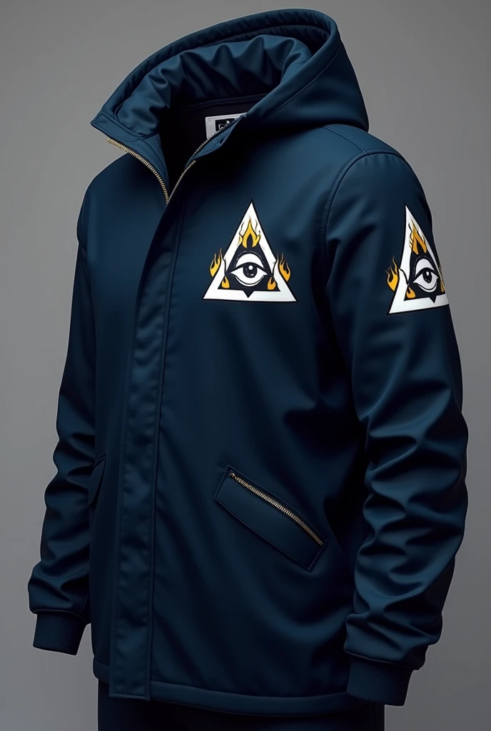 Design for a navy blue jacket related to current fashion With a brand of a triangle and an eye in the middle like an illuminati and that is identified with the brand of a triangle and an eye with fire in the middle