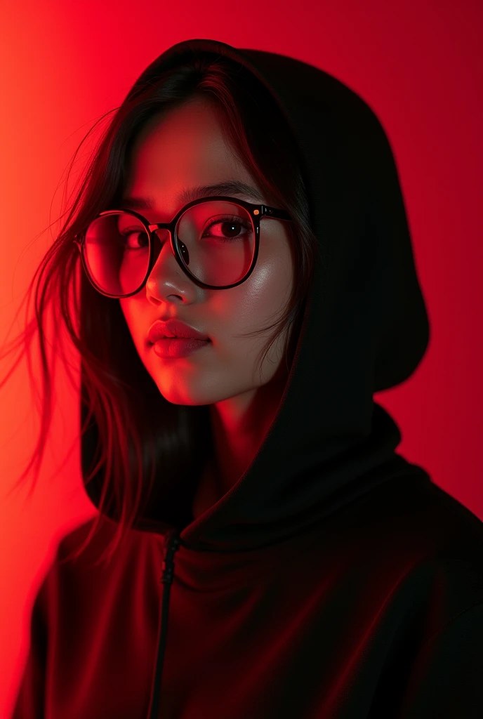 beautiful girl from indonesia aged 17 years.wearing a black hoodie wearing glasses.with a beautiful style like an Indonesian model.divine red background and a hint of thin smoke.displays "APRILIA" .detailed creation with bold font