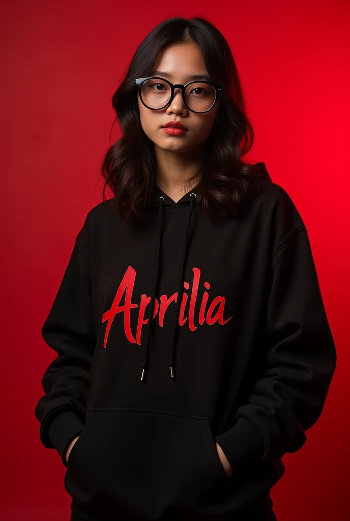 beautiful girl from indonesia aged 17 years.wearing a black hoodie wearing glasses.with a beautiful style like an Indonesian model.divine red background and a hint of thin smoke.displays "APRILIA" .detailed creation with bold font