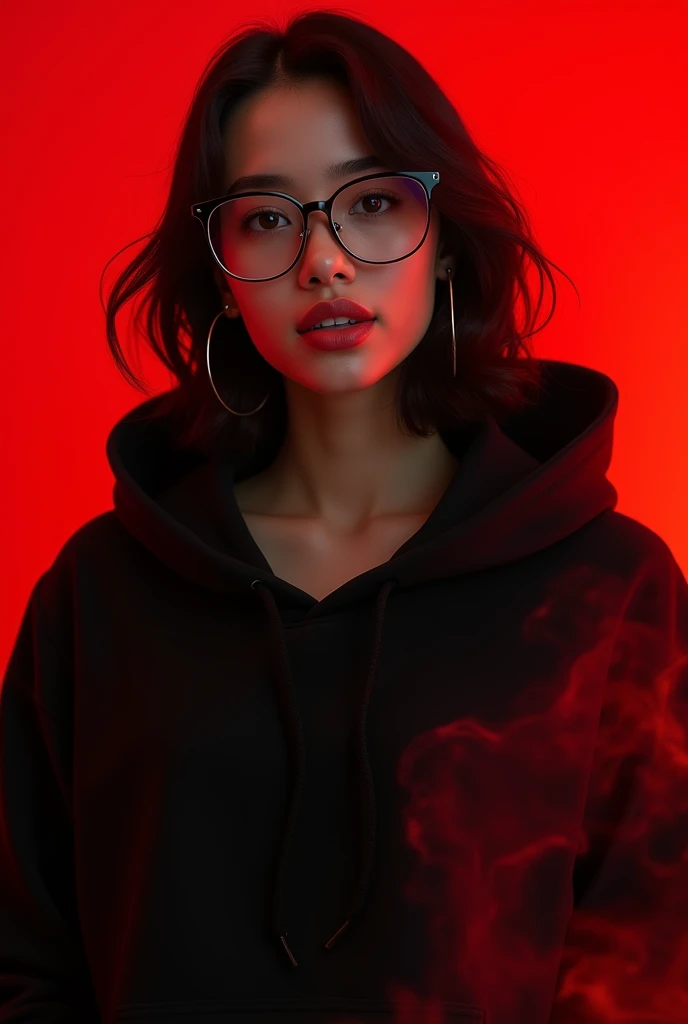 beautiful girl from indonesia aged .wearing a black hoodie wearing glasses.with a beautiful style like an Indonesian model.divine red background and a hint of thin smoke.displays "APRILIA" .detailed creation with bold font 