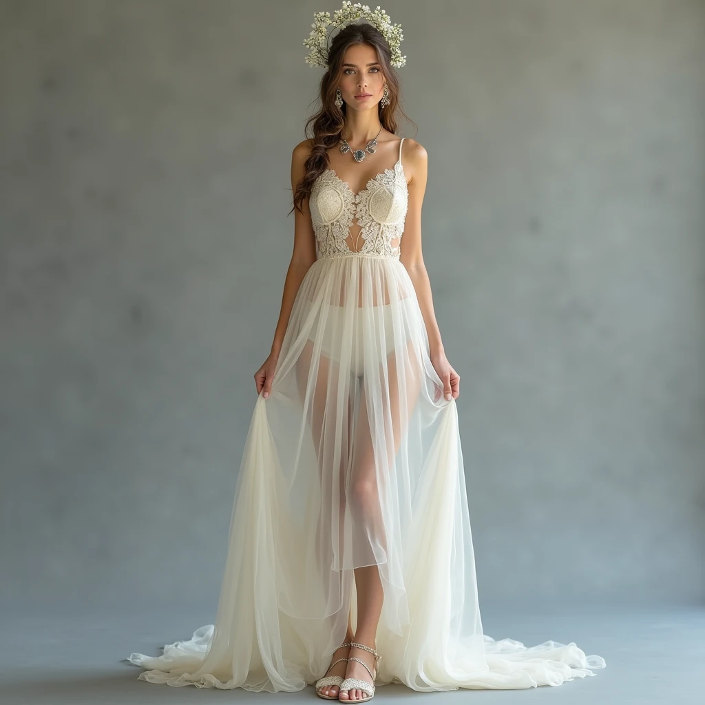 A full-body image of a European woman with an angelic essence, standing poised looking at the camera against a gray background. She wears an ivory organza gown with a soft, flowing skirt and delicate lace detailing on the bodice. The gown’s translucent fabric creates a sense of airiness and sophistication. Her hair is styled in a halo braid adorned with small white flowers, forming a crown-like effect that radiates divine majesty. She wears gossamer slippers with lace embellishments. Her jewelry includes ethereal symbol earrings and a gemstone necklace, adding a mystical and otherworldly allure to her angelic attire.