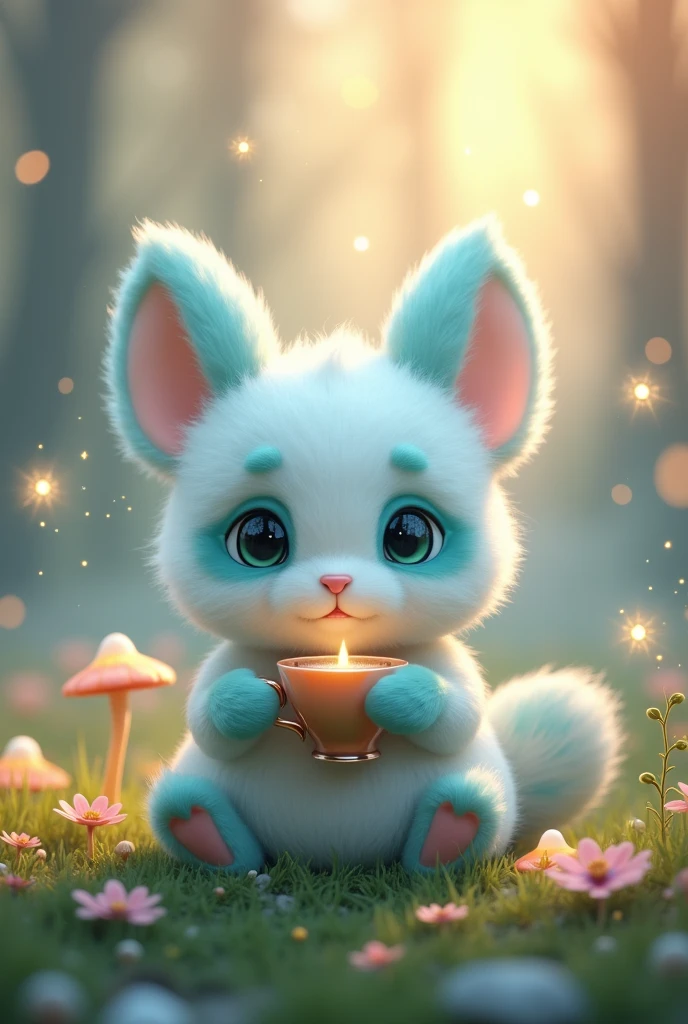 In this enchanting scene, a tiny, round creature resembling a mix between a panda and a bunny is perched on a small patch of grass. Its oversized, floppy ears droop slightly, and it holds a shiny, oversized teacup in its tiny paws. The creature’s fur is a soft, fluffy white with light blue accents, giving it an ethereal, dream-like quality. Its big, watery eyes are a gentle shade of teal, filled with a mixture of hope and sweetness. The scene is set in a magical forest glade, with twinkling fireflies hovering around, casting a gentle, warm light. The background features a soft, pastel sunset with hints of orange and pink, while delicate, sparkling dust floats in the air. The ground is sprinkled with tiny, glowing mushrooms and blooming flowers, adding to the otherworldly charm. The lighting is soft and warm, emphasizing the creature's fluffiness and the reflective surface of the teacup. The overall visual style is highly detailed and slightly whimsical, focusing on the soft textures and the gentle color palette. The mood is a blend of adorable and hopeful, inviting viewers to share in the creature’s quiet wish for a moment of warmth and comfort.
