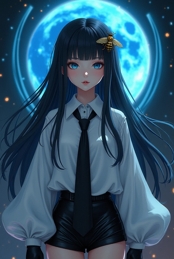 Godmother Girl with long black hair and blue eyes, with a white blouse with large sleeves with a black tie with black gloves with black leather shorts with a bee accessory in the hair Background a blue full moon on the black background with several portals
