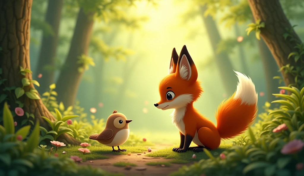 A little fox with a little bird next to him in the forest