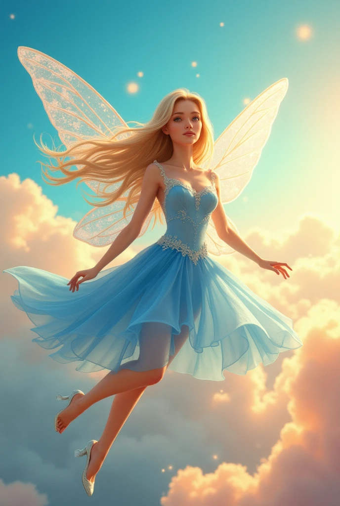 ((work of art, highest quallity, A highest quallity de imagem, high resolution, photorrealistic, CRU photo, 8k)), ((Extremely detailed 8k unified CG wallpaper)), (huge stunning photo of a fairy , Very hot and sexy, jaw dropping beauty, perfect proportions, Body cute, Slim Body Beauty:1.4), flying in a clear sunny sky, blond hair, Caucasian skin, blue dress with white details, butterfly wings, vibrant and warm colors, cheerfulness