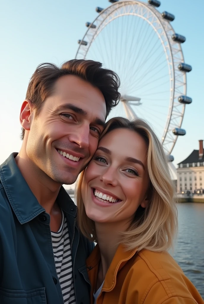 A couple hugging in front of the London Eye,  taking a profile selfie man brown hair and eyes,  blonde woman with green eyes 8k ultra realistic photorealistic 