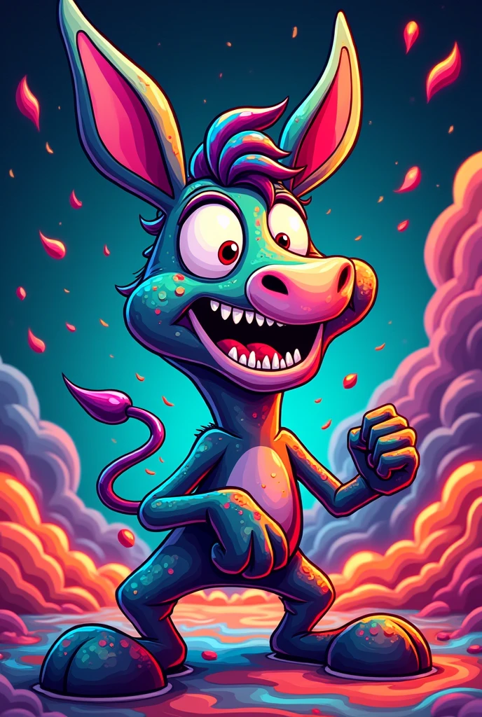 Create a psychedelic, cartoon-style mule with exaggerated features, vibrant colors, and swirling patterns. The mule should have a dynamic, energetic expression, similar to the style of a comic book or graffiti art. It should incorporate elements like bright, neon colors, and abstract shapes to give it a surreal, eye-catching appearance.