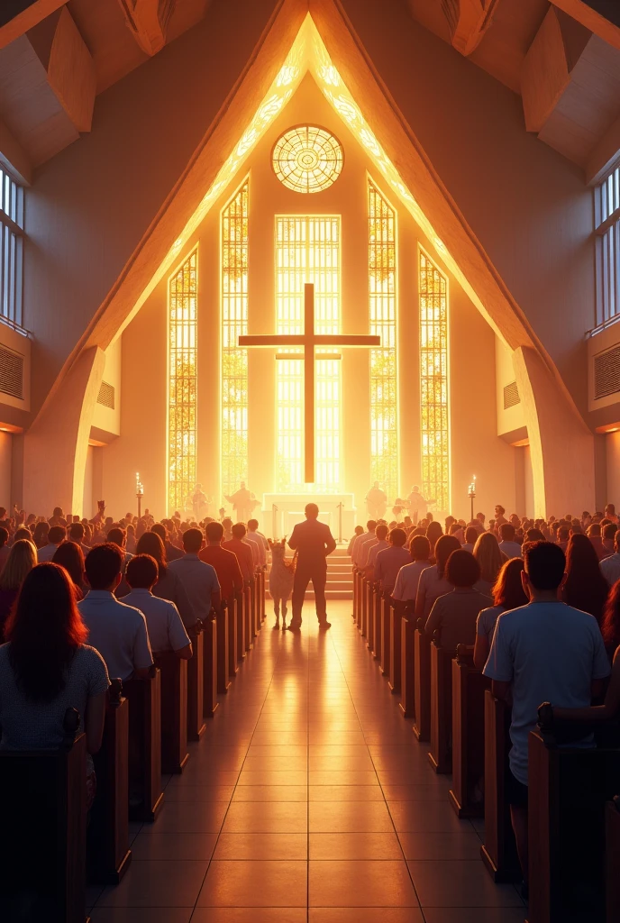  create an image for the "Pentecostal Church Ministry Light of the Lord - Specific architecture of the church (Modern, traditional, etc.)
- Important colors or symbols (traverser, Bible, llama, etc.)
- Environment (church interior, outer, people in worship)
- Message or theme (faith, Lumiere, community)

