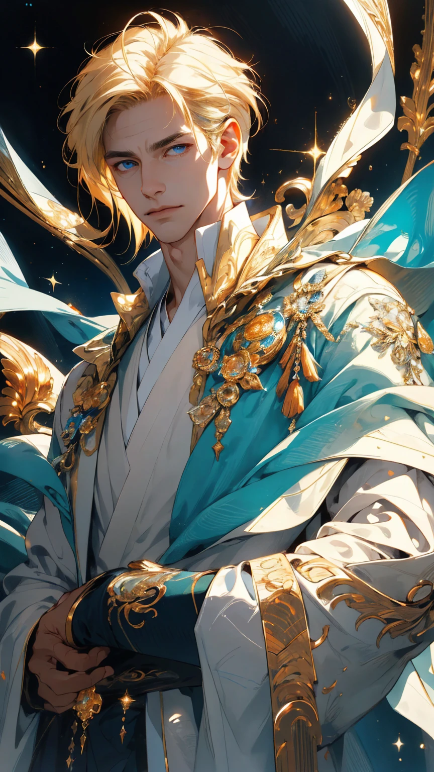 {(best quality, 8k, masterpiece, HDR, soft lighting, perfect image, digital illustration, manhwa art, hyper detailed image, perfect lines, realistic)} 1 very handsome man, short straight blonde hair with bangs covering his forehead, bright blue eyes, clothes luxurious, white and gold prince clothing, regal, (imposing posture, cold expression), {(outdoors, sea background with golden sparkles)}