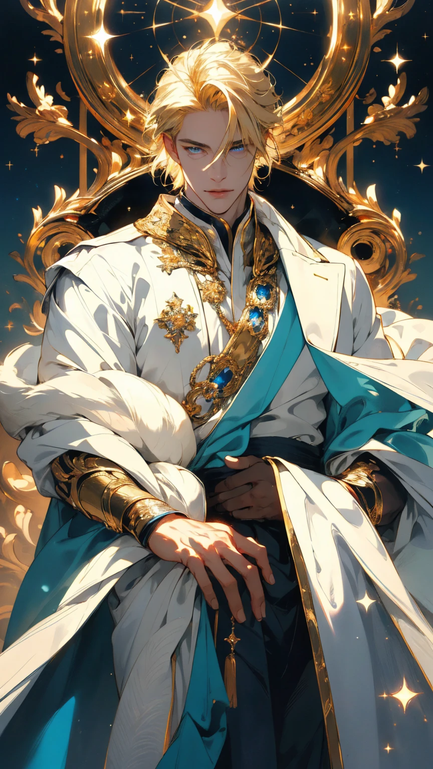 {(best quality, 8k, masterpiece, HDR, soft lighting, perfect image, digital illustration, manhwa art, hyper detailed image, perfect lines, realistic)} 1 very handsome man, short straight blonde hair with bangs covering his forehead, bright blue eyes, clothes luxurious, white and gold prince clothing, regal, (imposing posture, cold expression), {(outdoors, sea background with golden sparkles)}