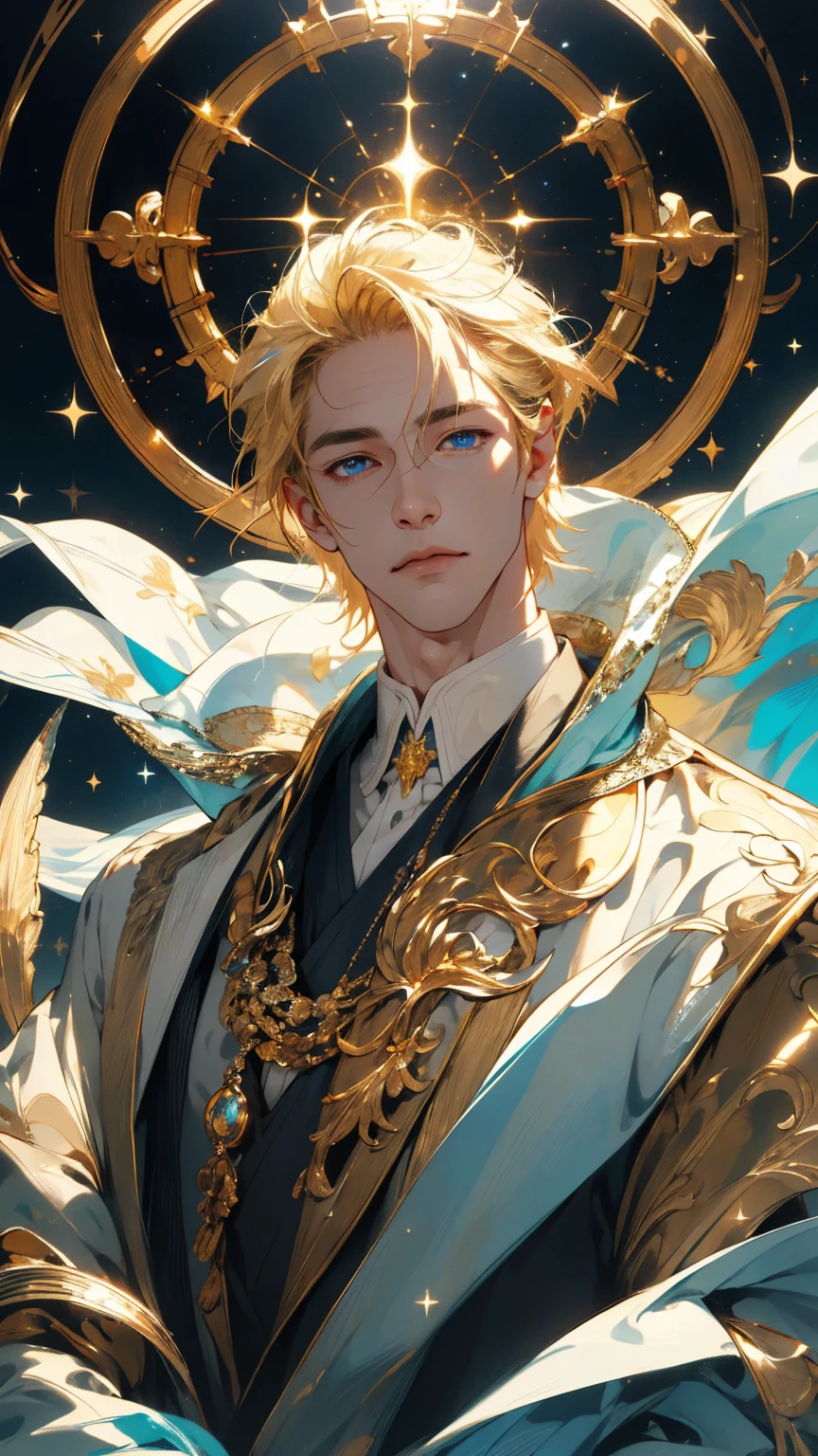 {(best quality, 8k, masterpiece, HDR, soft lighting, perfect image, digital illustration, manhwa art, hyper detailed image, perfect lines, realistic)} 1 very handsome man, short straight blonde hair with bangs covering his forehead, bright blue eyes, clothes luxurious, white and gold prince clothing, regal, (imposing posture, cold expression), {(outdoors, sea background with golden sparkles)}