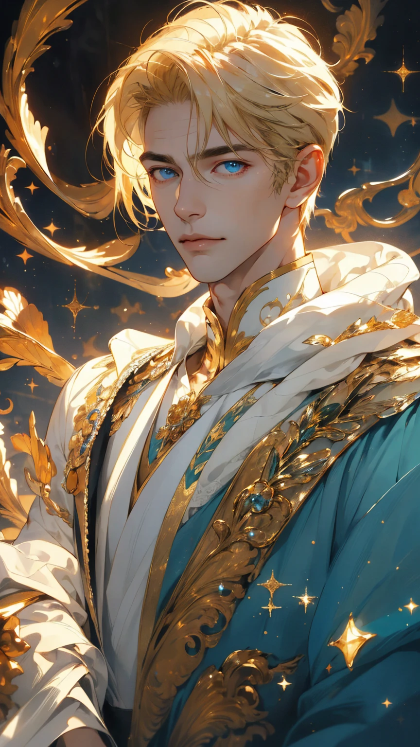 {(best quality, 8k, masterpiece, HDR, soft lighting, perfect image, digital illustration, manhwa art, hyper detailed image, perfect lines, realistic)} 1 very handsome man, short straight blonde hair with bangs covering his forehead, bright blue eyes, clothes luxurious, white and gold prince clothing, regal, (imposing posture, cold expression), {(outdoors, sea background with golden sparkles)}