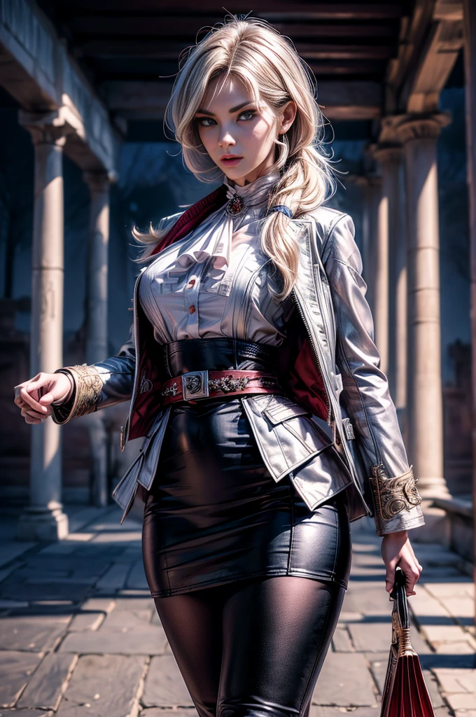 masterpiece,best quality, masterpiece, high detail,detailed face,detailed eyes,rendered eyes,perfect eyes,hip lines,crisp image,detailed,amazing,8k,8k wallpaper,8k background,high detailed skin,high res, (((cowboy shot))), solo, 1girl,looking at viewer,WillowSchnee, . Her attire consists of a white cravat secured by a silver brooch set with a red stone, as well as a light purple jacket with light sleeves, a wide belt around her waist, a matching pencil skirt with black tights and slippers. serious expression, standing outside, garden, maze, ornate Gazebo, holding wine glass  (volumetric lighting), sharp focus, hyper detailed 