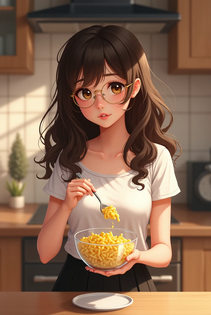 (realism) A brown-eyed girl, with dark brown hair, very long and curly, con cat eye glasses color dorado, wearing a white short sleeve top and a black skirt that is a little below the knees while standing in the kitchen and eating macaroni and cheese from a clear bowl