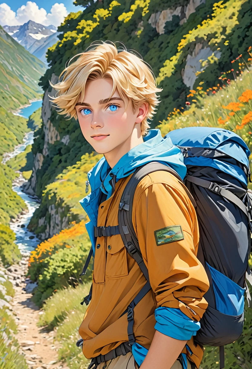 Twenty year old boy with blond hair blue eyes in hiking clothes