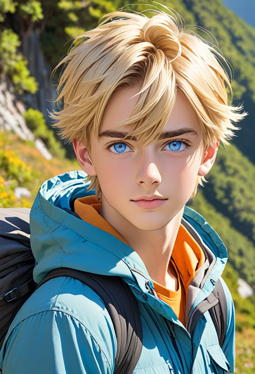 Twenty year old boy with blond hair blue eyes in hiking clothes