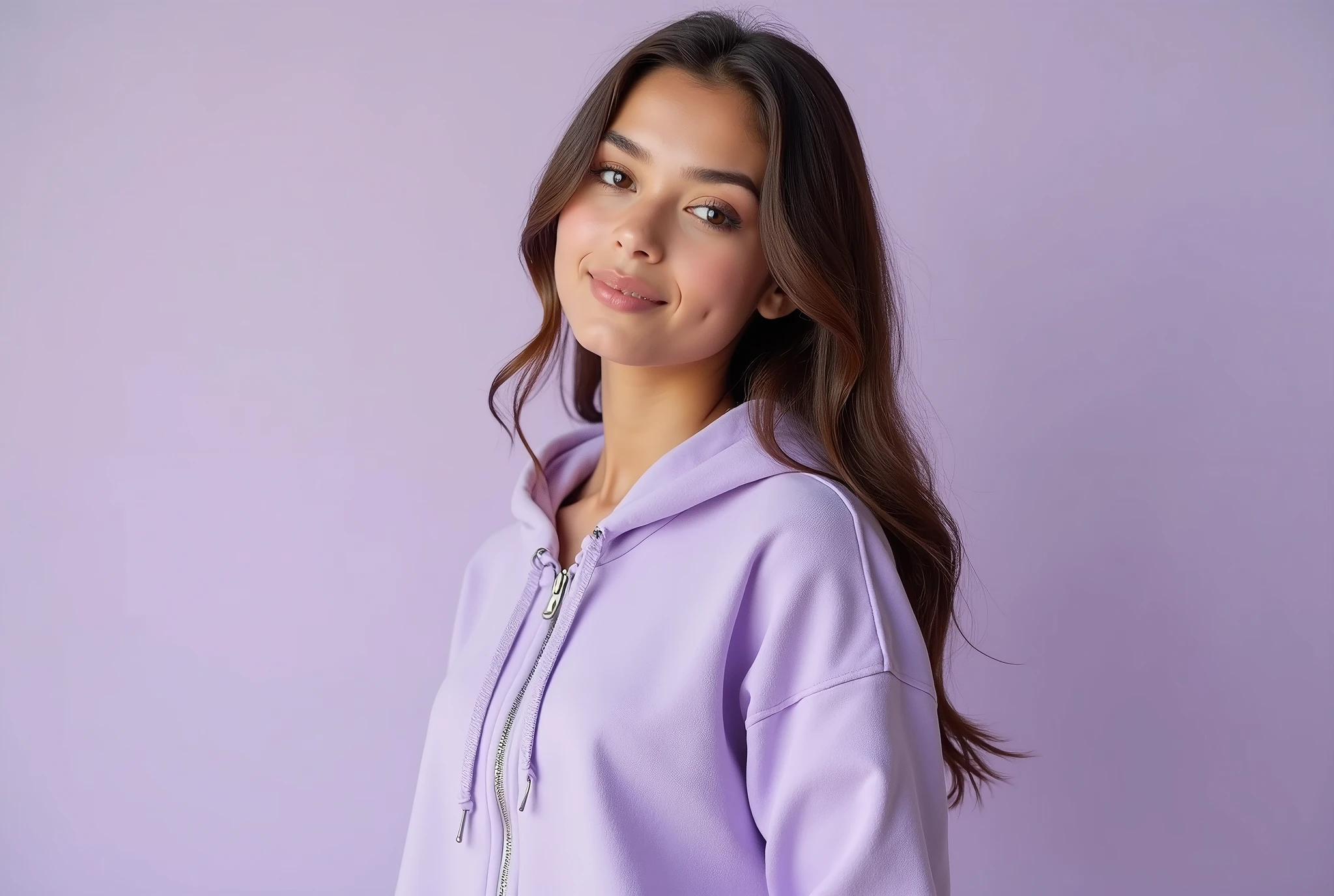 beautiful young woman hoodie mockup cropped hoodie mockup with zipper light purple background . Use Canon EOS 5D Mark IV with 24-70mm f/2.8 lens. Settings: ISO 100, f/8 aperture, and 1/125s shutter speed to capture sharp, brilliant images with wide depth of field.