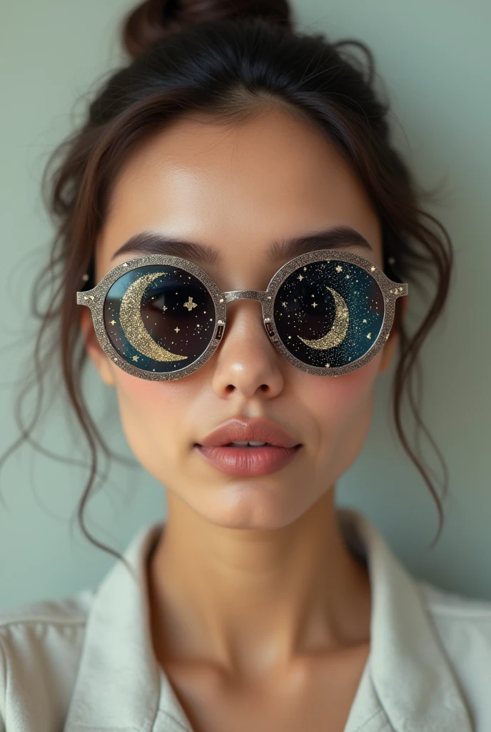 The model is wearing glass sunglasses with stars and the moon on the glass