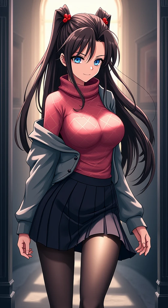 rin tohsaka, masterpiece, 8k, high quality, full body, small medium thighs, slim waist, sexy well-defined body, rin, blue eyes, brown hair, long hair, two sides up, parted bangs, hair ribbon black, red sweater, turtleneck, long sleeves, cross pattern, black skirt, pleated skirt, miniskirt, black tights, full body
