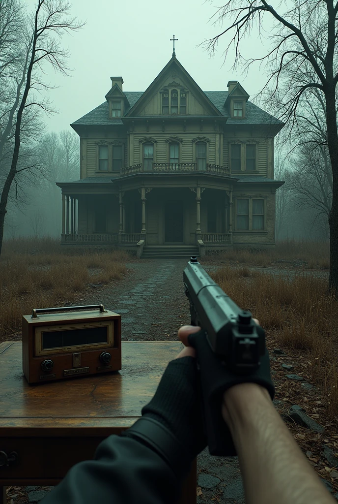 Outside an abandoned mansion, first person perspective with only one arm holding a gun, find a table with a radio