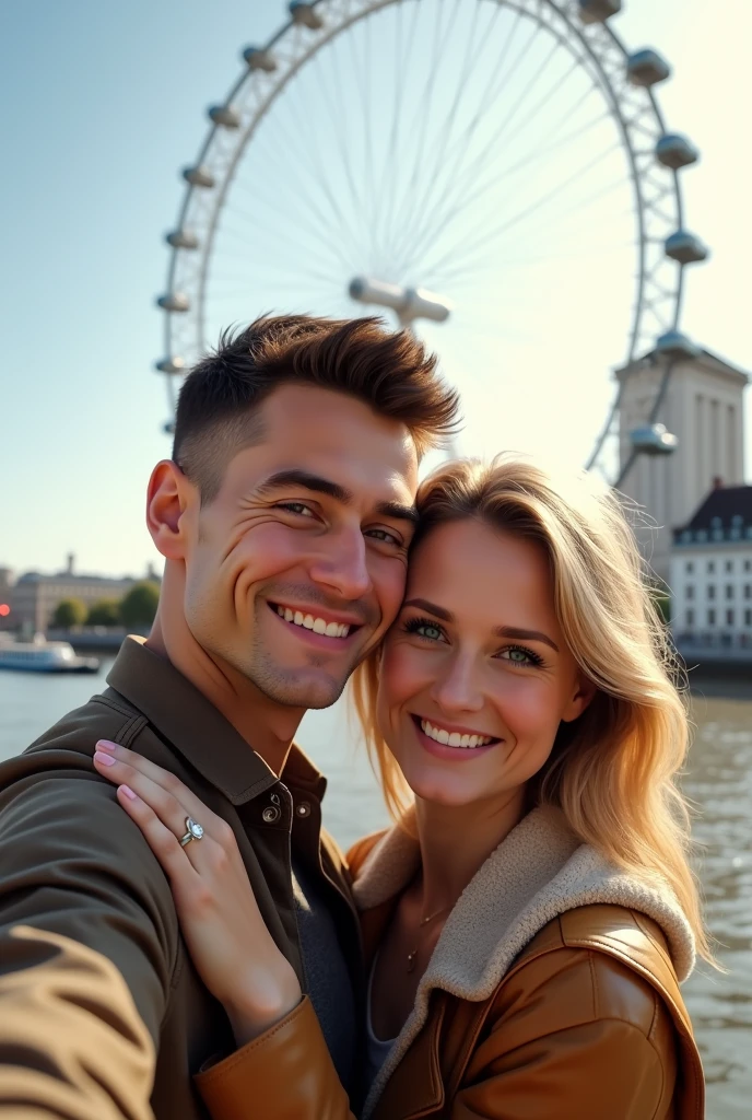 A couple hugging in front of the London Eye, taking a profile selfie man brown hair and eyes, blonde woman with green eyes 8k ultra realistic photorealistic