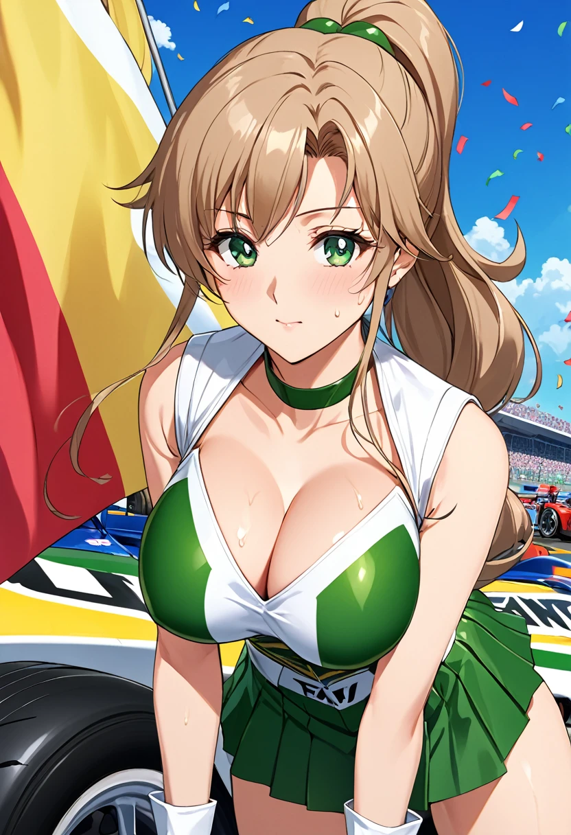 Highest quality, Great quality, 16K, Unbelievably absurd, Very detailed, 2.5D, delicate and dynamic, (Makoto Kino),blue sky, Confetti, Racing Car, flag, Small face, Very delicate facial expressions, Delicate eye depiction, Very fine hair, Upper body close-up, erotic, sexyな女性, Healthy body shape, Race Queen, Height: 175cm, Big companies go bankrupt, Light brown long hair,ponytail、 sexyな長い脚, Glowing Skin, , 派手なRace Queenのコスチューム,Green tops, Green tight skirt, White Leather Long Boots, Formula 1, Auto Racing Track,1990s \(style\),、(F cup big breasts)、expensive、Sweating all over the body、vapor、(Normal position)、Beautiful big breasts、Muscular、sexy、A face writhing in pleasure、The whole body is covered in sex fluids、Sweaty,((Perverted scenes of men and women having sex)),Cinema Lighting, (完璧なGlowing Skin:0.6),Always high quality CG Unity 8K wallpaper