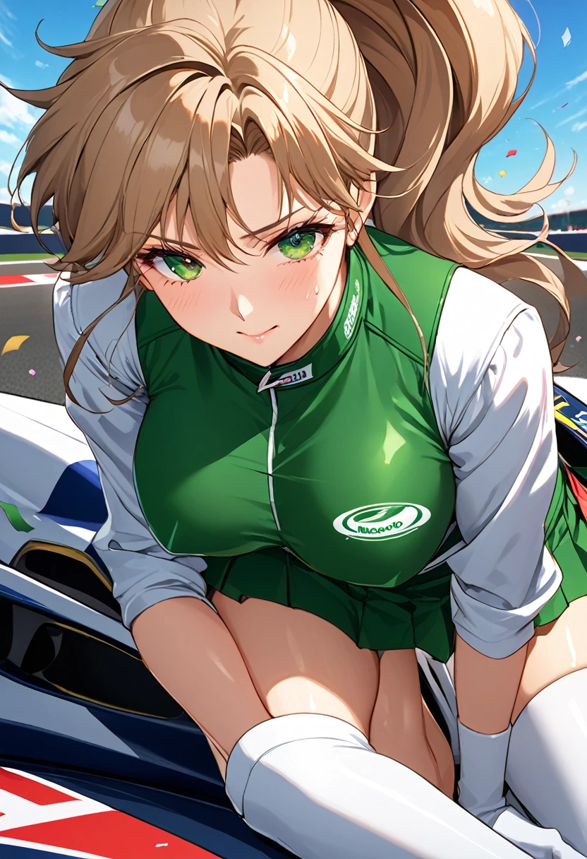 Highest quality, Great quality, 16K, Unbelievably absurd, Very detailed, 2.5D, delicate and dynamic, (Makoto Kino),blue sky, Confetti, Racing Car, flag, Small face, Very delicate facial expressions, Delicate eye depiction, Very fine hair, Upper body close-up, erotic, sexyな女性, Healthy body shape, Race Queen, Height: 175cm, Big companies go bankrupt, Light brown long hair,ponytail、 sexyな長い脚, Glowing Skin, , 派手なRace Queenのコスチューム,Green tops, Green tight skirt, White Leather Long Boots, Formula 1, Auto Racing Track,1990s \(style\),、(F cup big breasts)、expensive、Sweating all over the body、vapor、(Normal position)、Beautiful big breasts、Muscular、sexy、A face writhing in pleasure、The whole body is covered in sex fluids、Sweaty,((Perverted scenes of men and women having sex)),Cinema Lighting, (完璧なGlowing Skin:0.6),Always high quality CG Unity 8K wallpaper