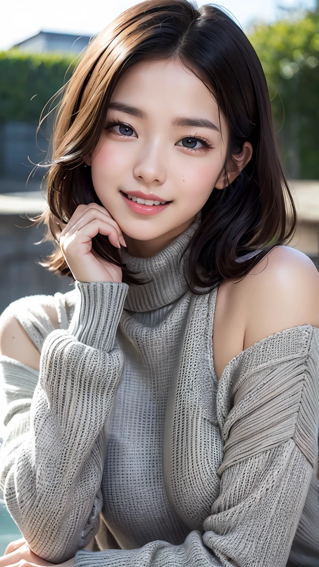 Realistic, masterpiece, highest quality, highest resolution, A portrait depicting only the upper body of a Japanese woman, A happy smile, slightly turned to the side, definitely looking at the audience, beautiful detailed eyes, black eyes, (hidden creased eyelids:1.2), thin eyebrows, Carefully draw eyelashes, natural makeup, middle hair, silver hair, detailed face, Black thick turtleneck sweater