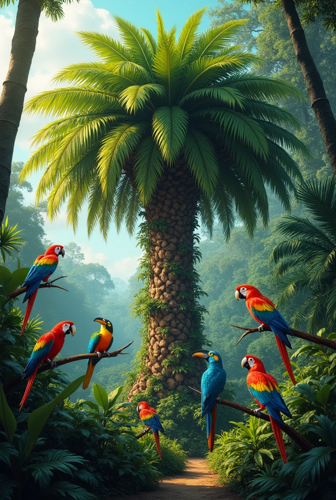 Create a drawing image with forest and pupunha tree with macaws parrots and toucans
