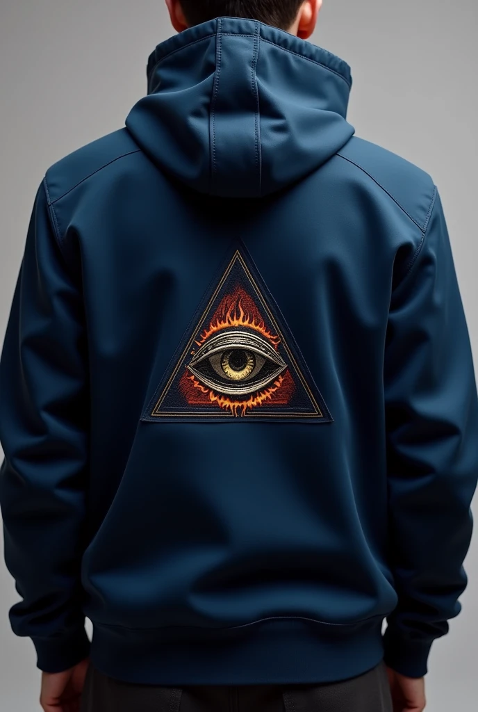 Design for a navy blue jacket related to current fashion With a brand of a triangle and an eye in the middle like an illuminati and that is identified with the brand of a triangle and an eye with fire in the middle small