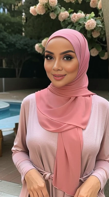 RAW, Best quality, high resolution, masterpiece: 1.3), Beautiful Malay woman in hijab, Masterpiece, perfect fit body, Big breasts, beautiful big eyes, Soft smile,RAW, Best quality, high resolution, masterpiece: 1.3), beautiful Malay woman in hijab,Masterpiece, perfect fit body, ((Huge breast)), big orgeous eyes, Soft smile, woman pink_shirt, wearing handscarf,long dress , smooth turtleneck, necklace , hairband, evening walk, City park, Great lighting, Bright colors, Clean lines