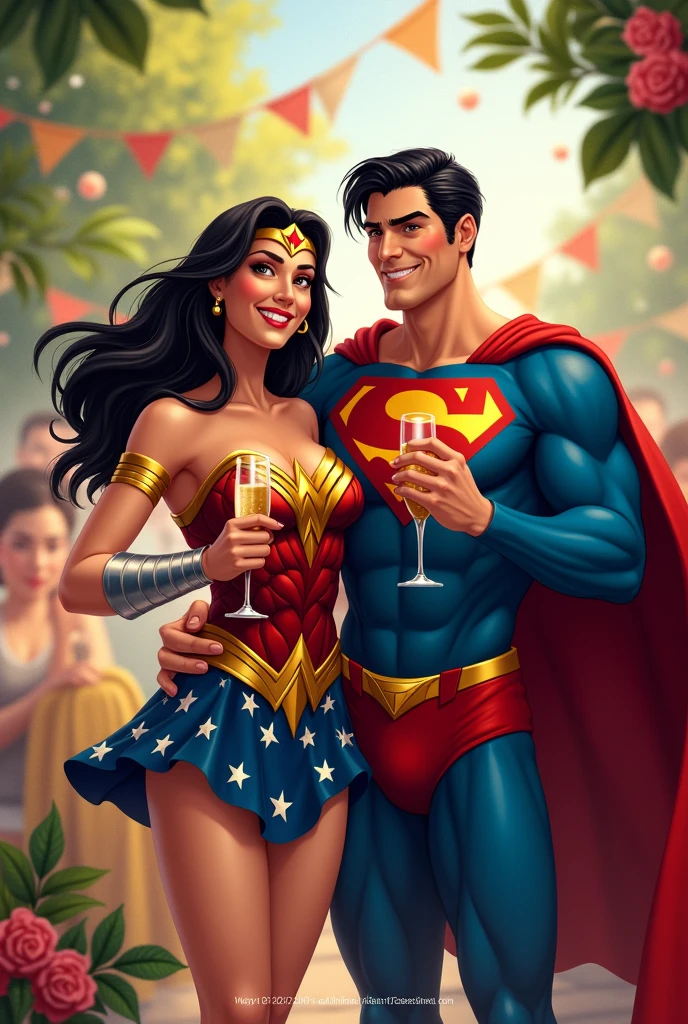 Wonder Woman and Superman happily celebrating Zé's wedding anniversary