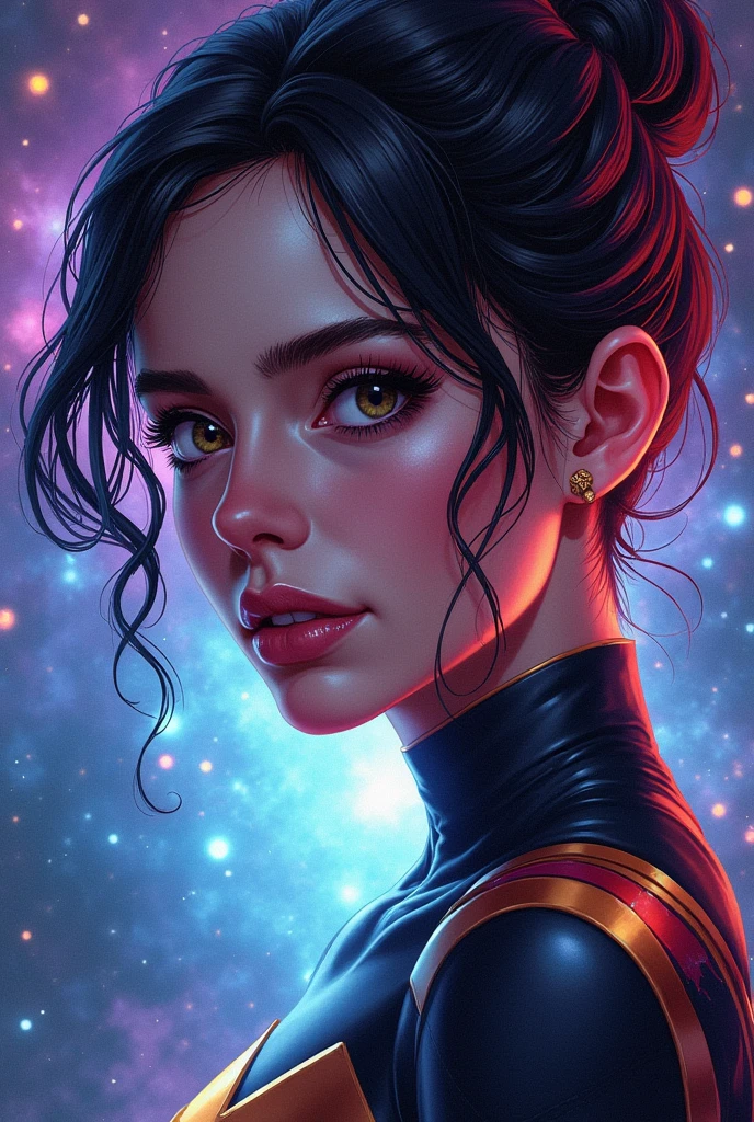a close-up of a beautiful female comic bring with a colorful nebula in the background