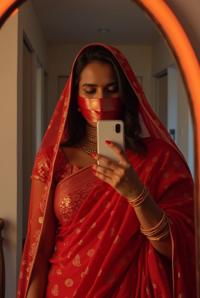 Aesthetic girl bllindfolded with dupatta and duct taped gagged over mouth in red shimmering saree taking a selfie in mirror