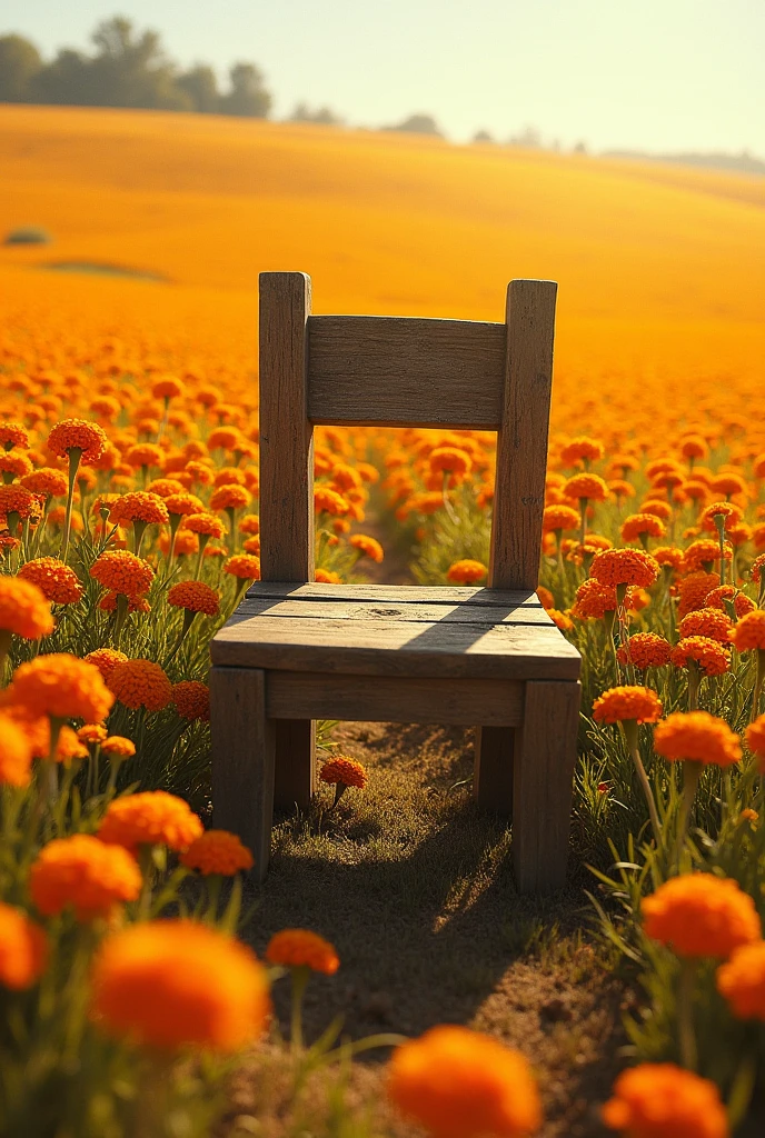 a wooden chair in a large field of marigolds  