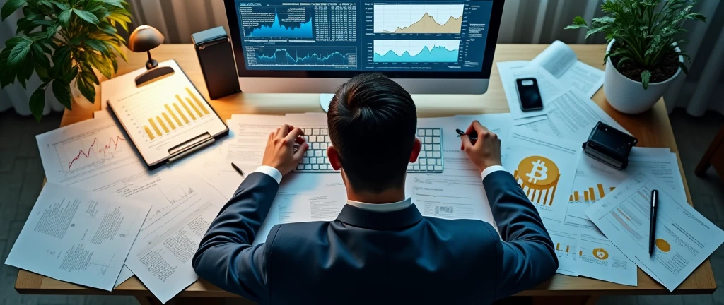An image seen from above, of a businessman using his computer at his desk, on the computer screen there will be images related to business. on desk, no plants, many papers with financial charts, Actions, and analysis of companies for investment, and a paper highlighting a bitcoin. the man will be writing on one of the papers